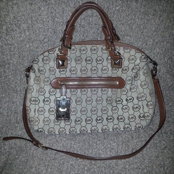 Michael Kors-CALISTA-Brown Leather & Jacuard-Gold Hardware-Satchel/Bag-VGUC - Picture 1 of 10